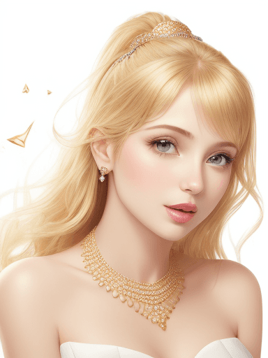 AI generated: beautiful girl with karaoke, white golden background, diamond necklace