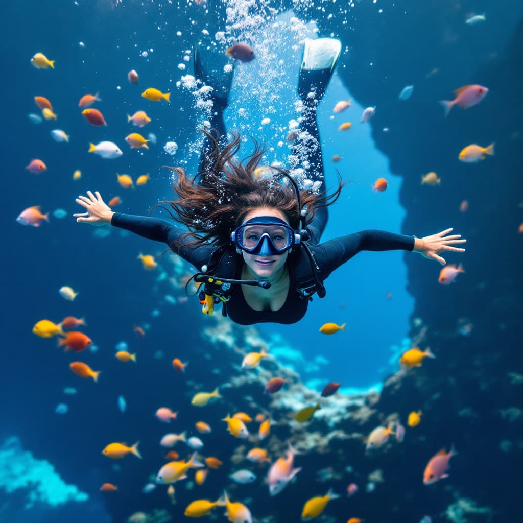 AI generated: female, The image features a woman diving under water. She is skillfully flowting and swimming. 
The...