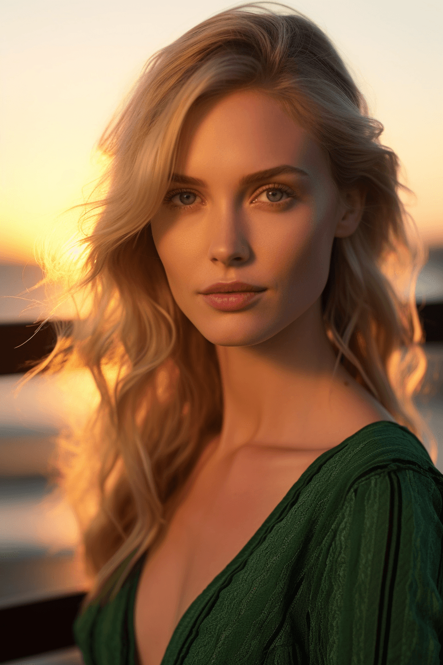 AI generated: A poised European woman in her late twenties gazes intently at the camera, her green eyes a striking...
