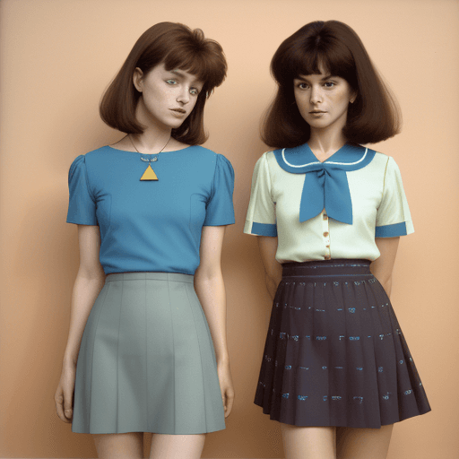 AI generated: two 40yo women together, one wearing a dress and the other wearing a shirt and skirt, in the style o...