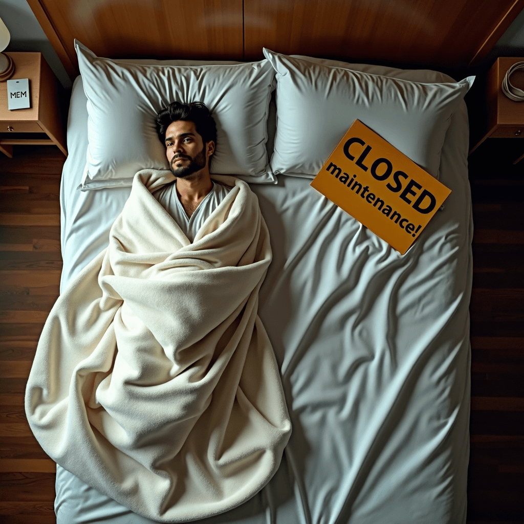 AI generated: top down angle photo of a man covered with blanket laying in a double bed next to a empty side of a ...