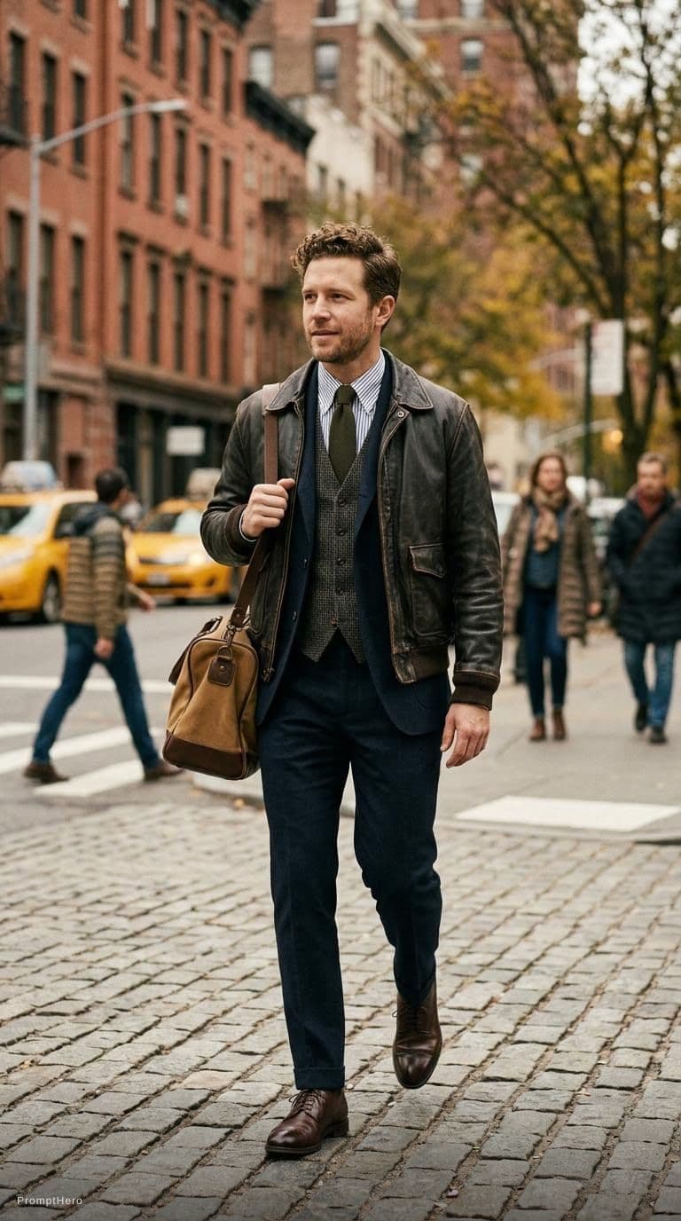 AI generated: old money style, menswear inspo, vintage mens fashion, leather jacket outfit men, three piece suit, ...
