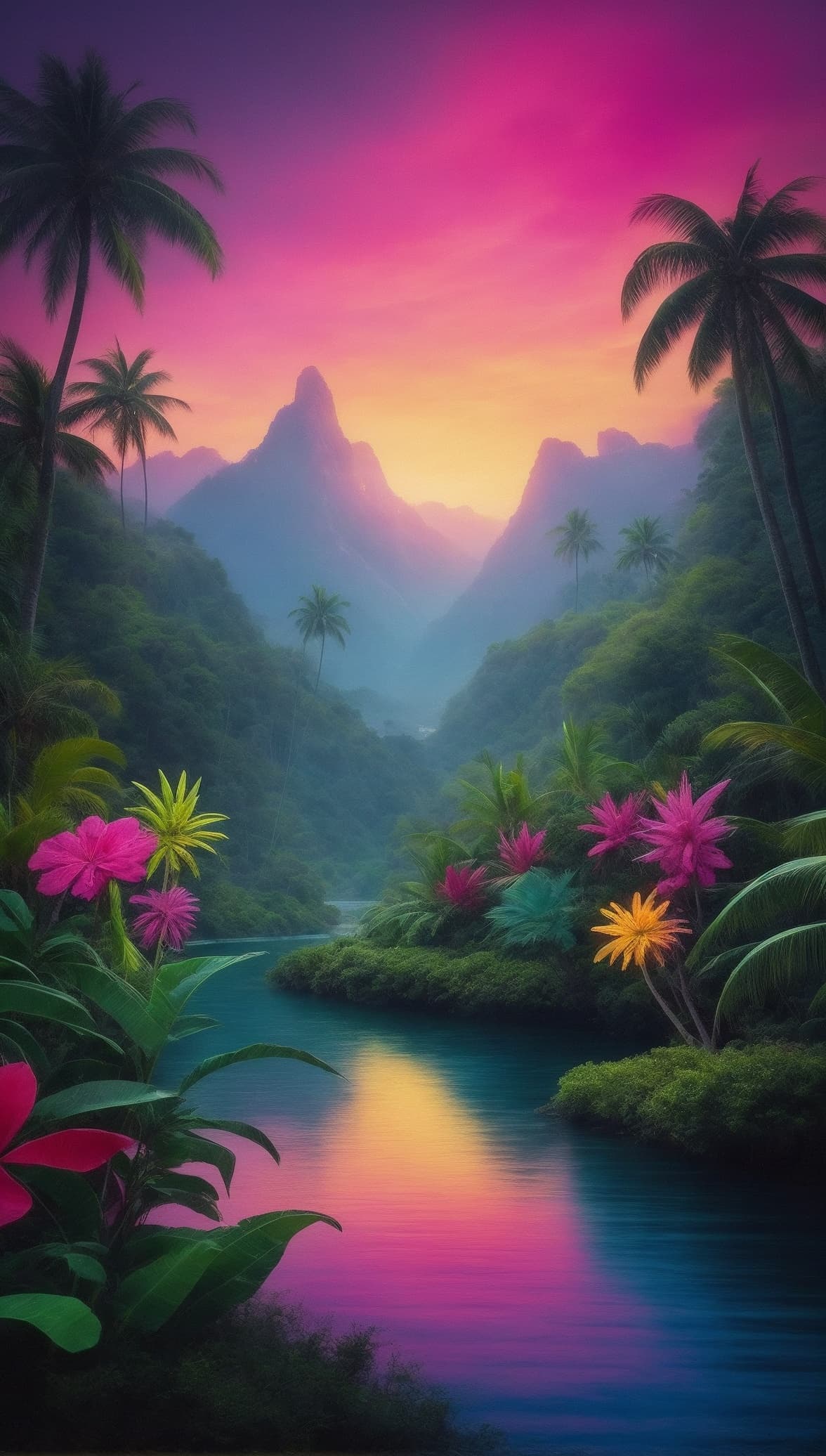 AI generated: A dazzlingly enchanting neon jungle, alive with iridescence and allure, its vibrant colors evoking a...