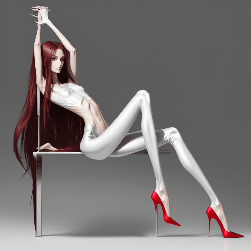 AI generated: photo of an extremely skinny, flat-chested model with extreme long and skinny legs with extreme long...