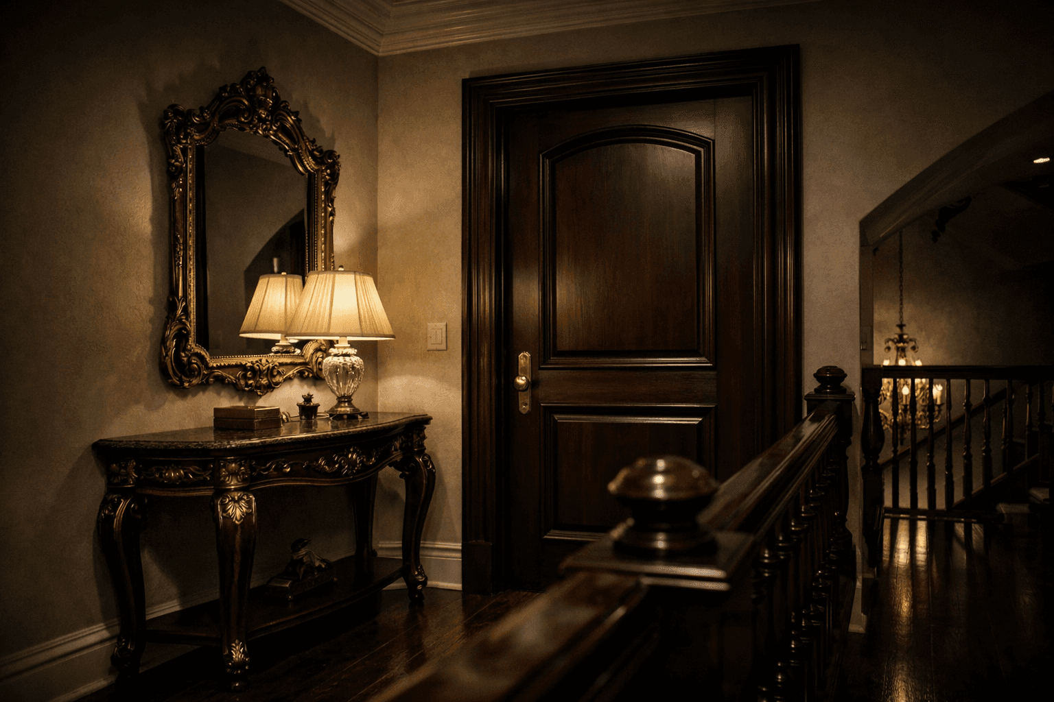 AI generated: At night at a beautiful and luxurious house, on the second floor.

The view is the outside of a bedr...