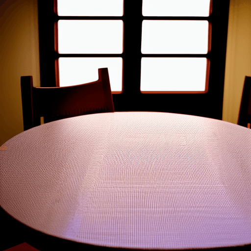 AI generated: photograph, three soft white smooth walls, an empty doorway to a kitchen, a four by six table, four ...