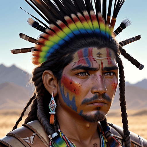 AI generated: High resolution photography Primer plano de un guerrero sioux con el rostro pintado de guerra. La pi...
