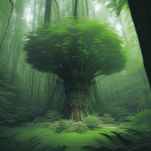 AI generated: anishinaabe woodlands forrestscape, (giant spiderweb stretching between two trees), hidden in the fo...