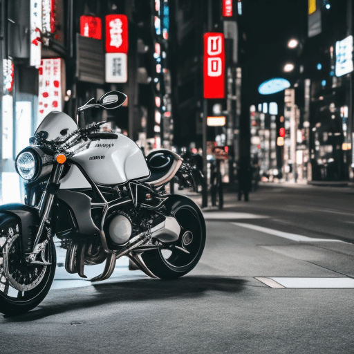 AI generated: white hair girl, on a ducati, at night in tokyo