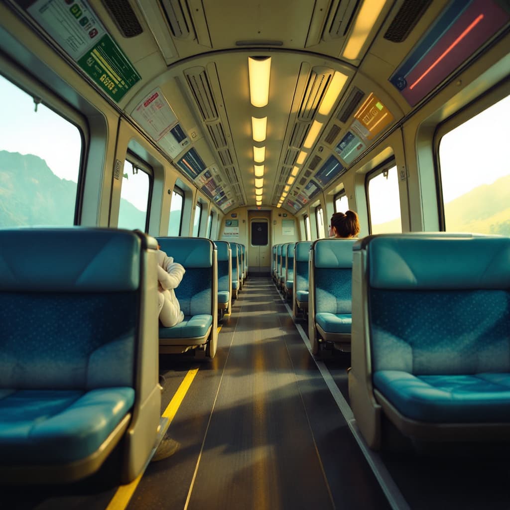AI generated: a beautiful Wes Anderson style image of a bullet train interior with rotating seats, pertty female.