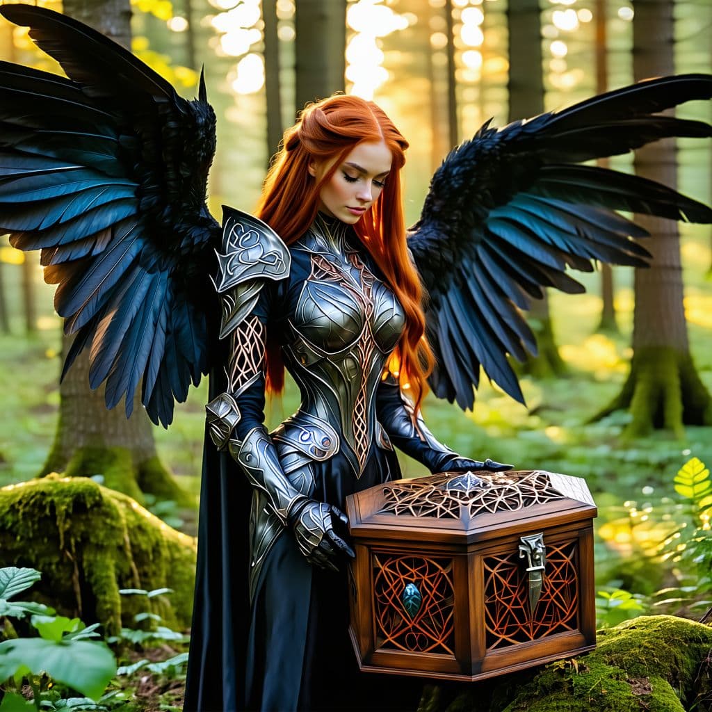 AI generated: A full body photo shot of a woman with long red hair and white Victorian Black Ebony wood armor, ins...