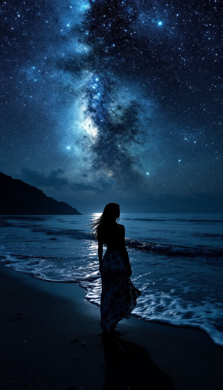 AI generated: The starry sky shines on the beach, with dark gray sand and shallow water in front of it. A beautifu...