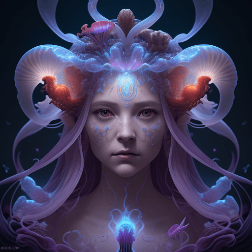 AI generated: Goddess close-up portrait ribcagel. jellyfish phoenix head, nautilus, orchid, skull, betta fish, bio...