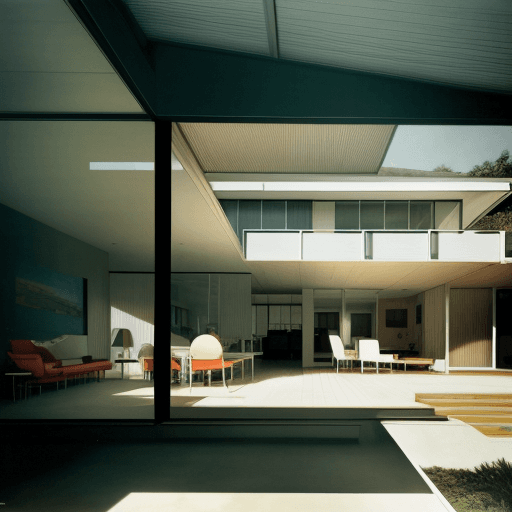 AI generated: Hyper realistic eye level exterior photo of a mid century modern style house overlooking the ocean, ...
