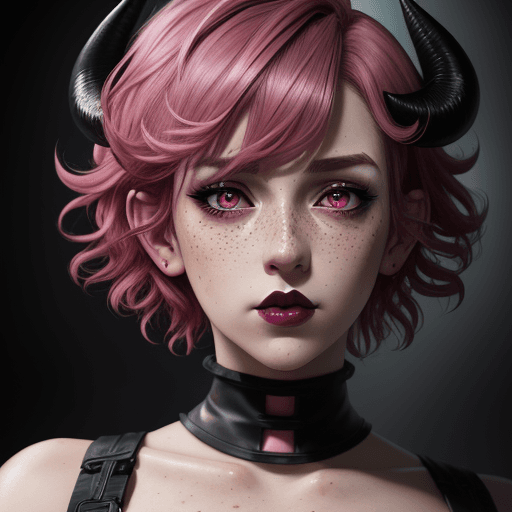 AI generated: anime style, Handsome woman with pink medium short curly hair, freckles, revealing her big deep pink...