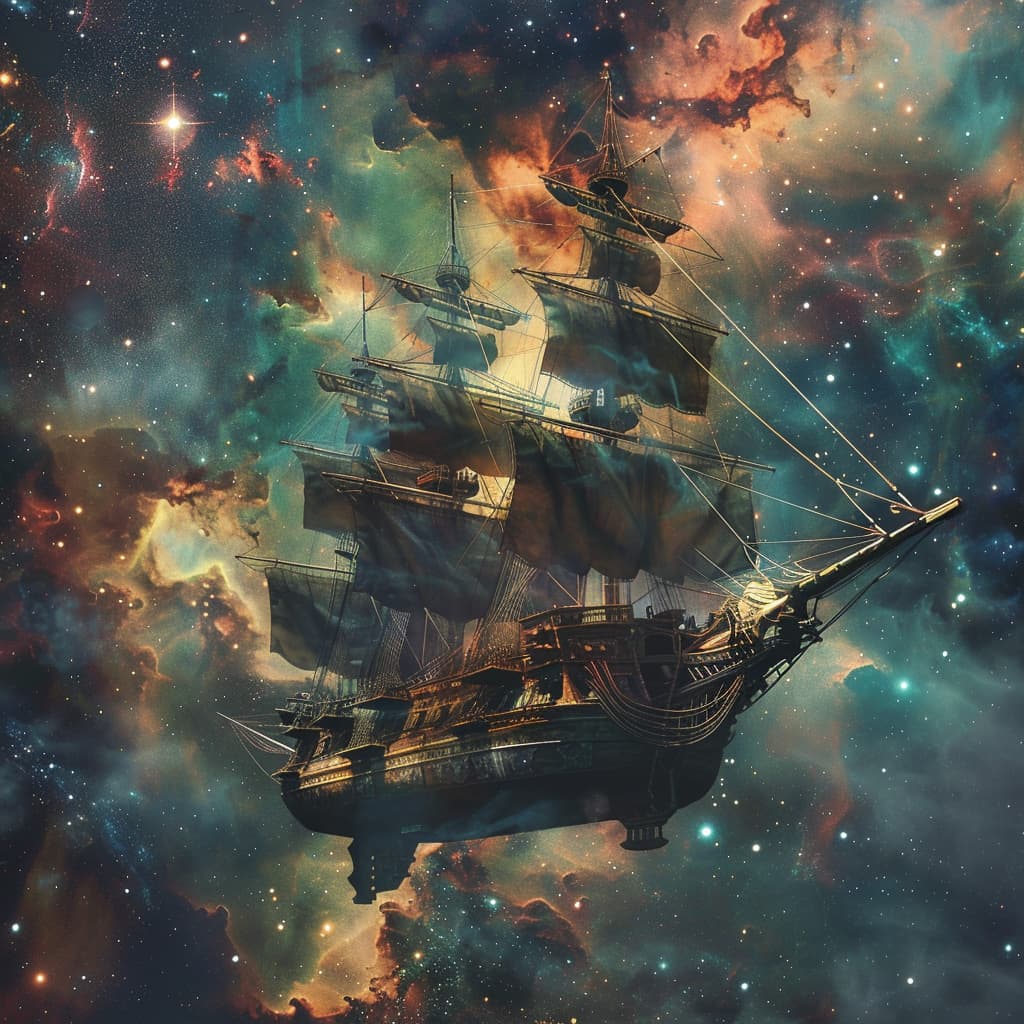 AI generated: A spaceship in the style of a 1800 galleon sailing along a nebula