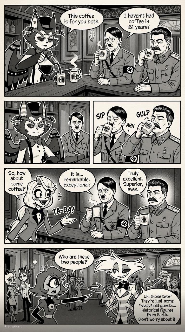 AI generated: I want a fan-made manga image of Huspin Hotel. It should show Huspin making coffee for Hitler and Jo...