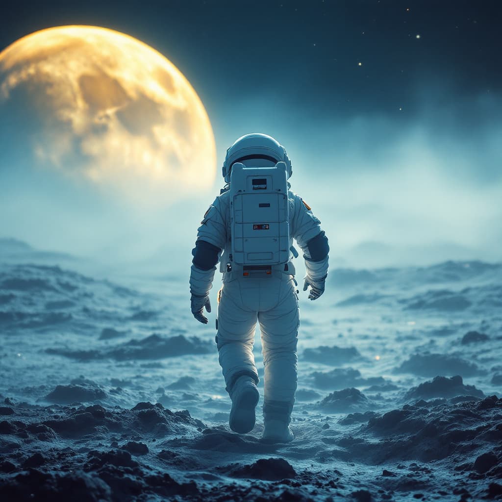 AI generated: Back view of a highly detailed astronaut in his space suit walking on the moons surface in the fog i...