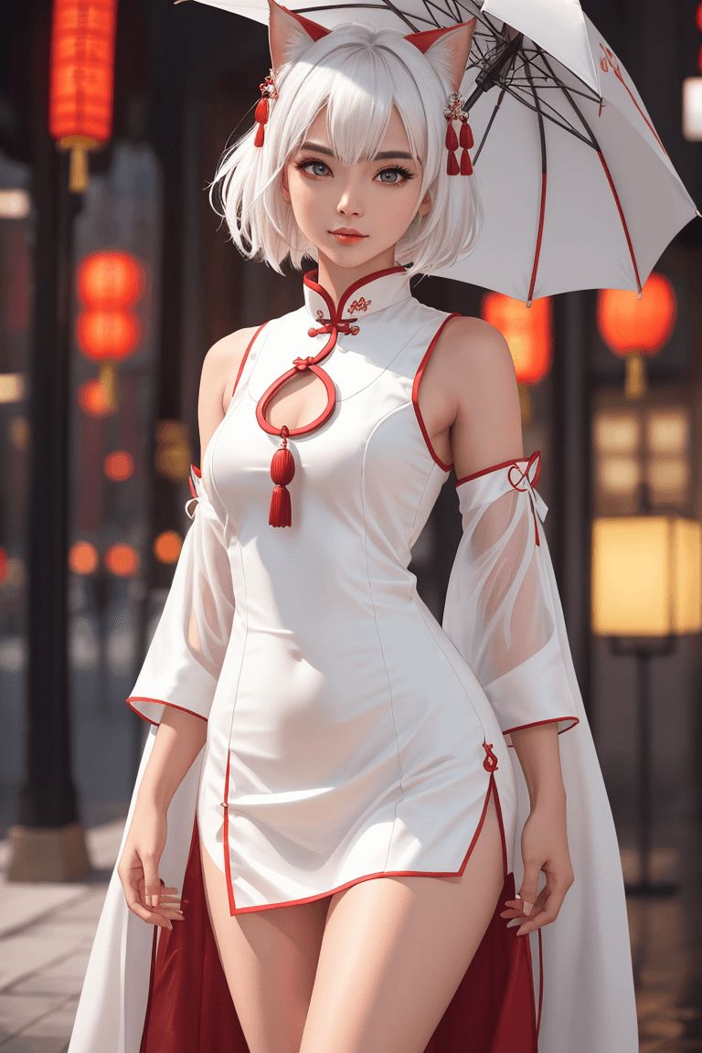 AI generated: white hair, 12th century, cute cat girl wearing a traditional chinese dress, beautiful eyes, olive s...