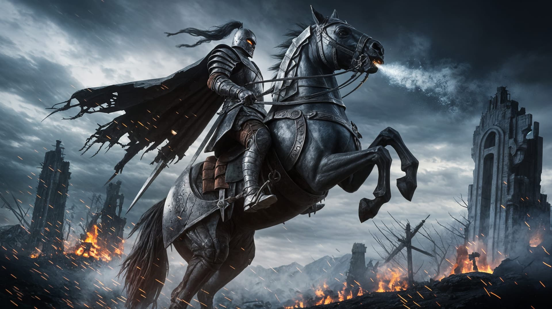 AI generated: A legendary warrior clad in dark mythic armor, mounted on a fierce warhorse rearing up on its hind l...