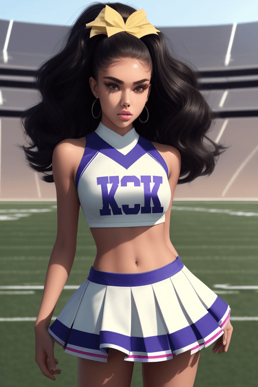 AI generated: (koh_madisonbeer:0.85) dressed as a cheerleader standing on (((football field))) ,(high detailed ski...