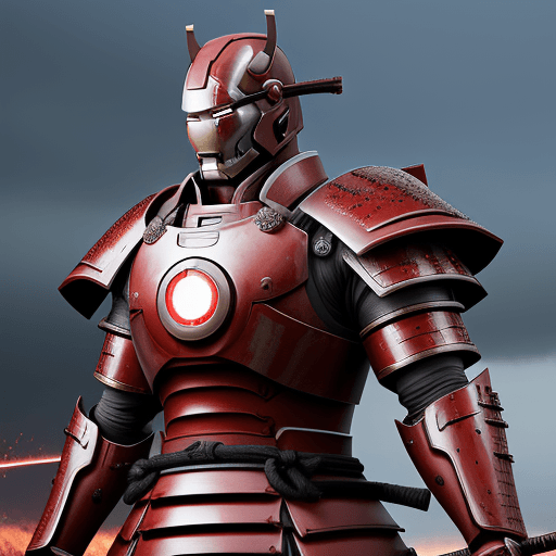 AI generated: A Gigantic Samurai Ironman with a massive sword red energy resting on his waist, dressed in samurai ...
