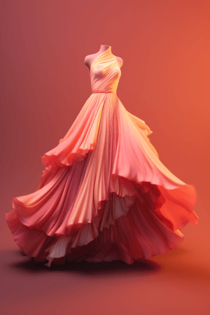 AI generated: Front view of a dress design, featuring a flowy skirt and ruffle sleeves at the waist, shot from the...