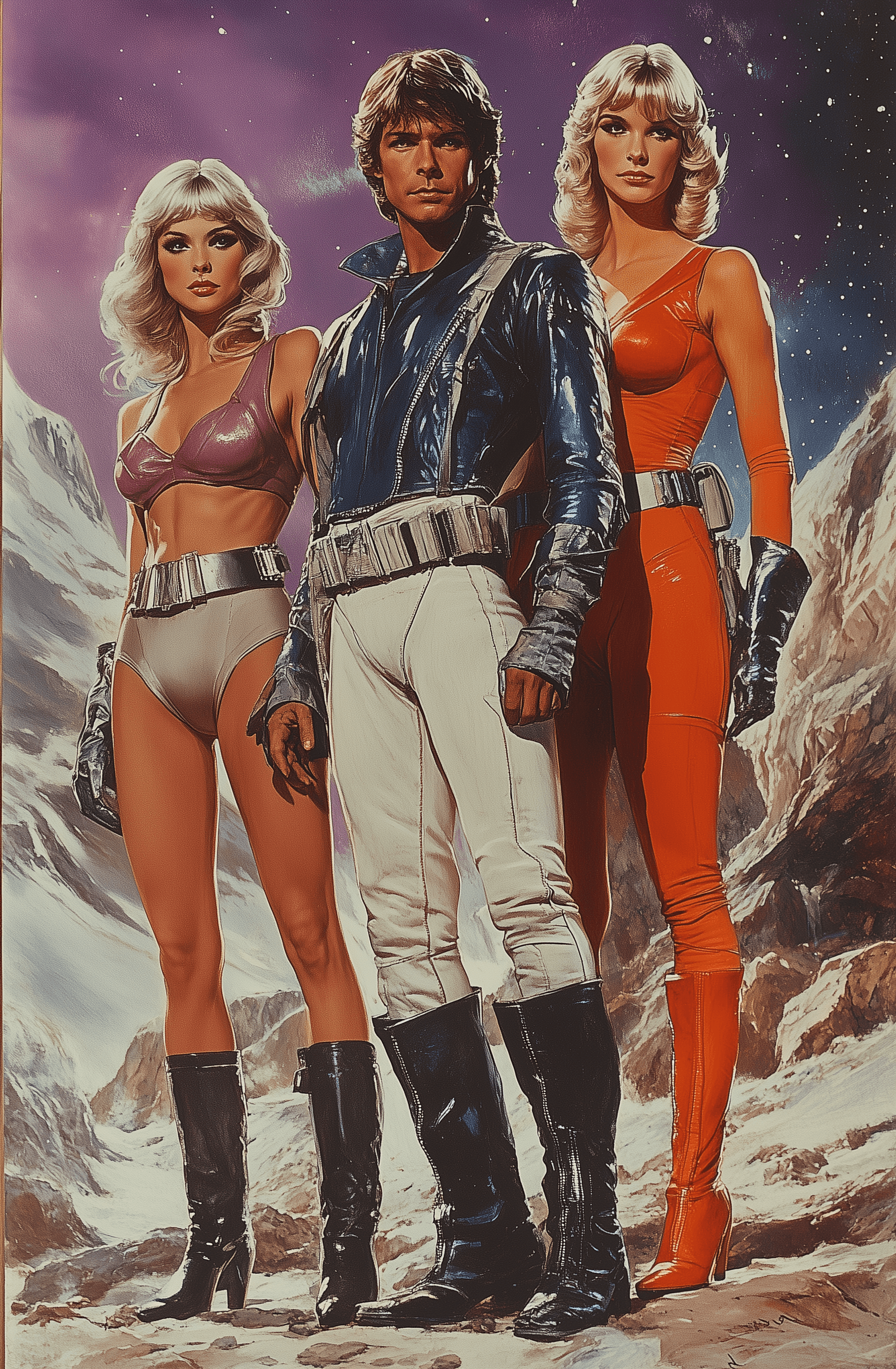 AI generated: 70s sci-fi cover art of the silver age, full body shot men and women with short white hair in futuri...