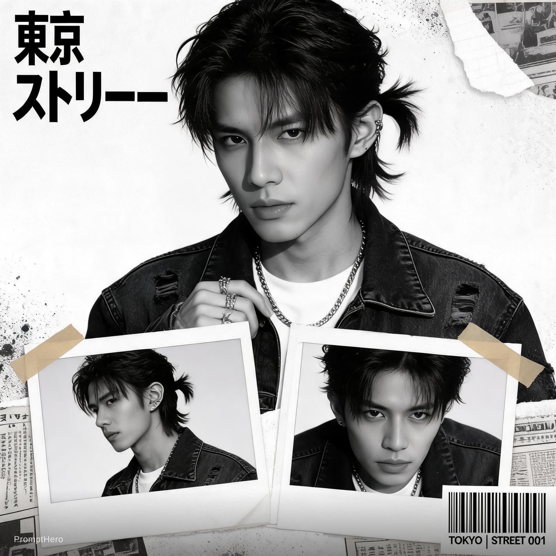 AI generated: Buat poster kolase editorial streetwear Jepang bergaya Y2K yang bold dengan estetika majalah fashion...