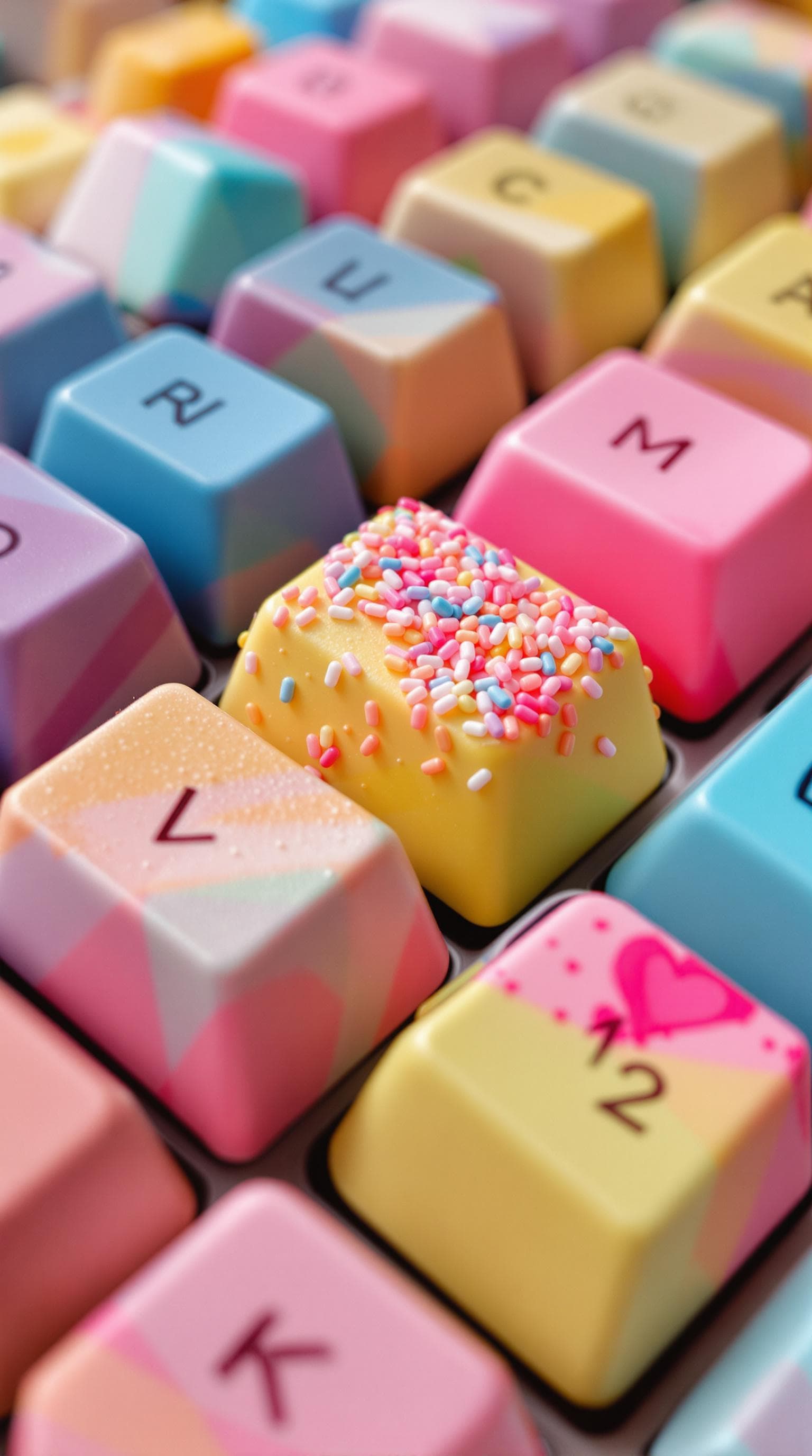 AI generated: The keys of the keyboard are made of three-dimensional candies of different shapes and colors.

