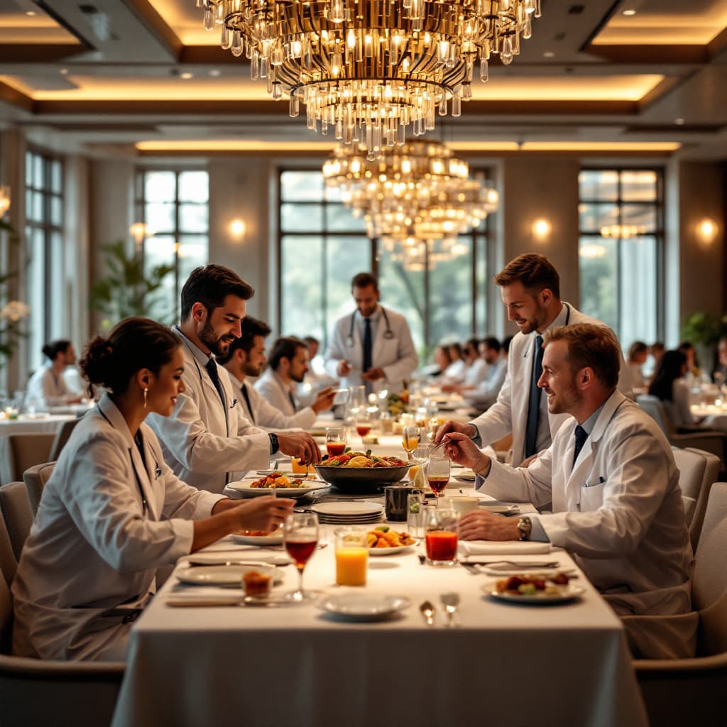 AI generated: Several doctors at an event or executive breakfast in an elegant restaurant UHD background elegant r...