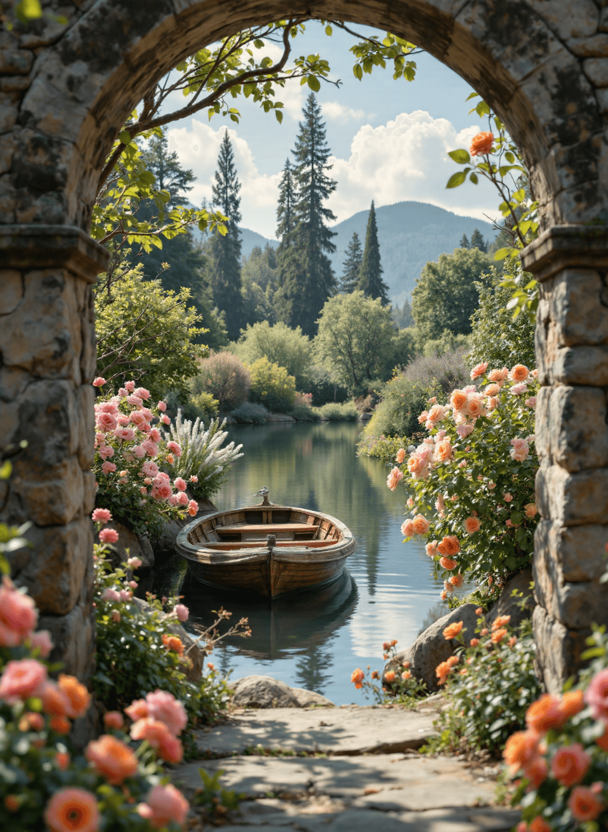 AI generated: The image depicts a serene and picturesque scene of a river framed by lush greenery and vibrant flow...
