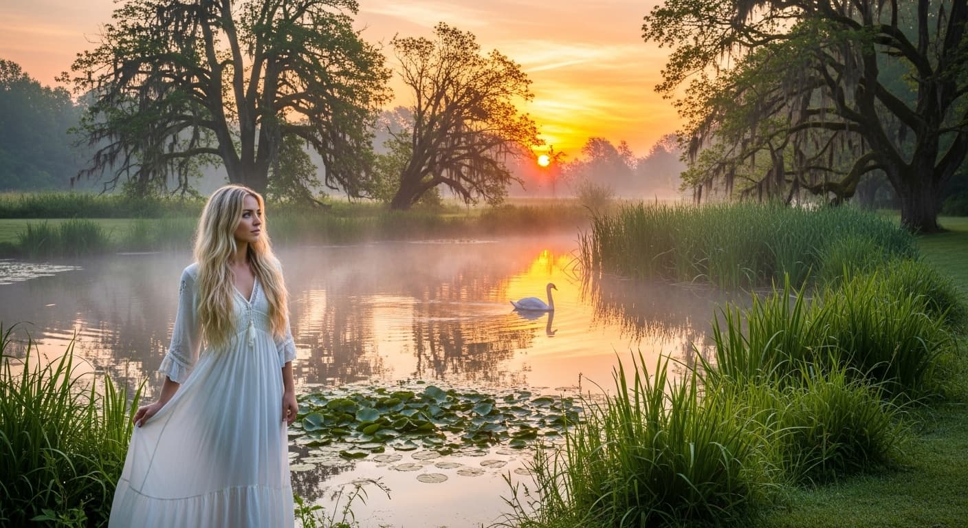 AI generated: A beautiful blonde woman by a magnificent pond
