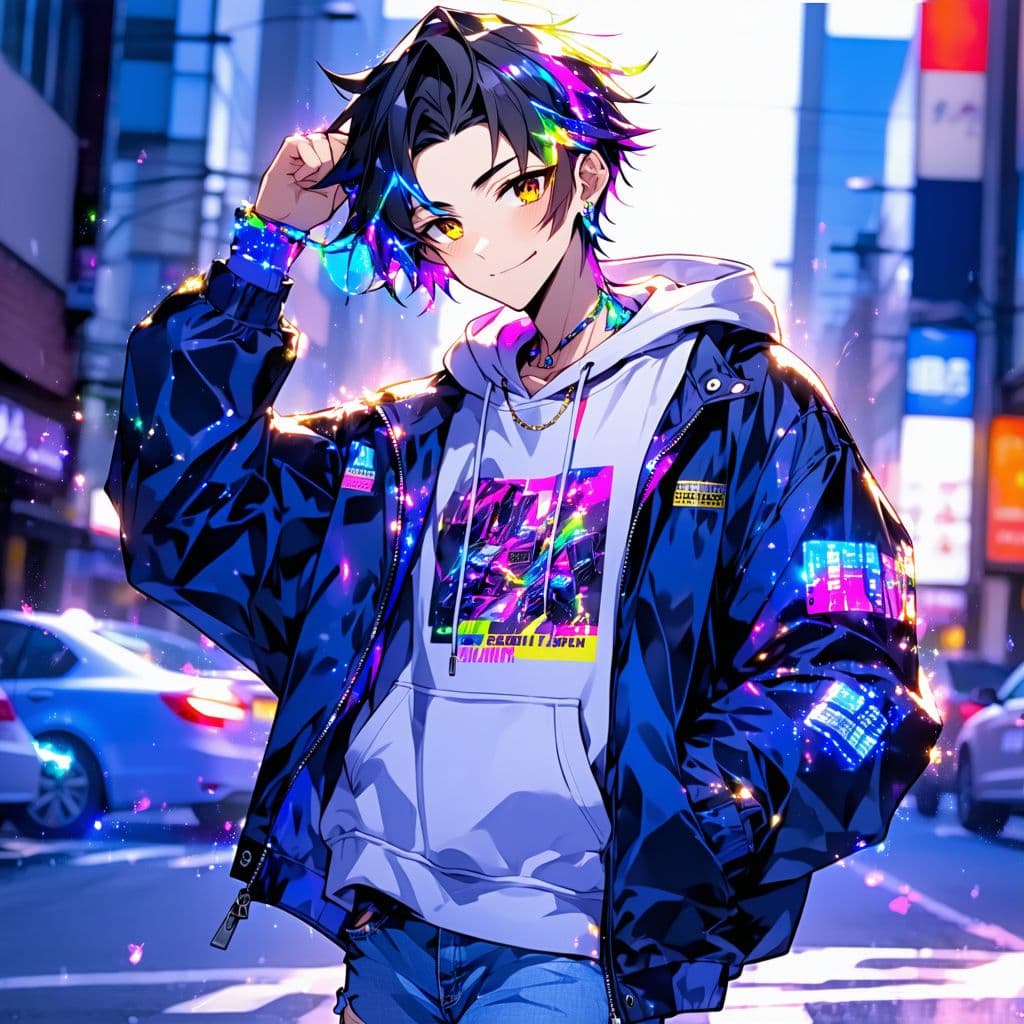 AI generated: Anime-style character, young adult with a cool and confident aura, wearing a stylish casual outfit (...