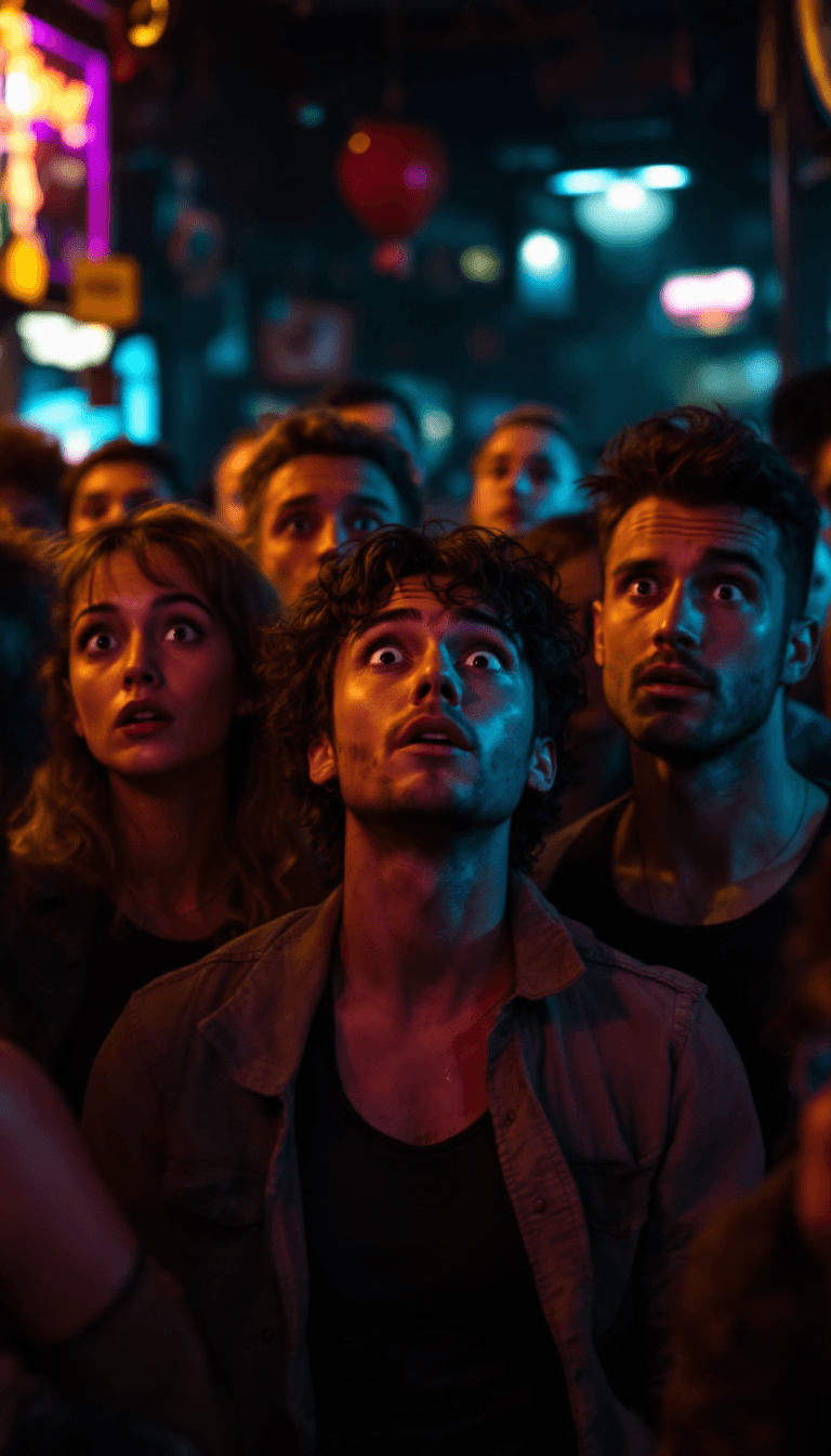 AI generated: A group of diverse men and woman, stand astonished in a crowded bar, at night. They gaze at the view...