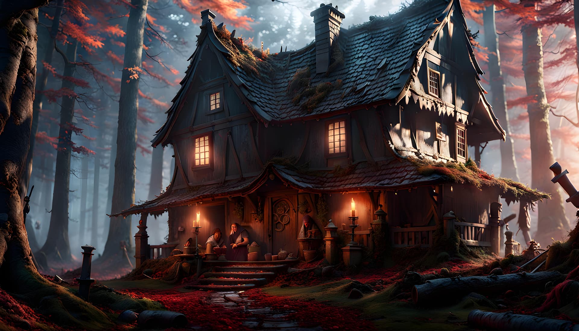 AI generated: insanely detailed flat illustration, 3d, macabre scene from Hansel und Gretel, (crooked ugly switch ...