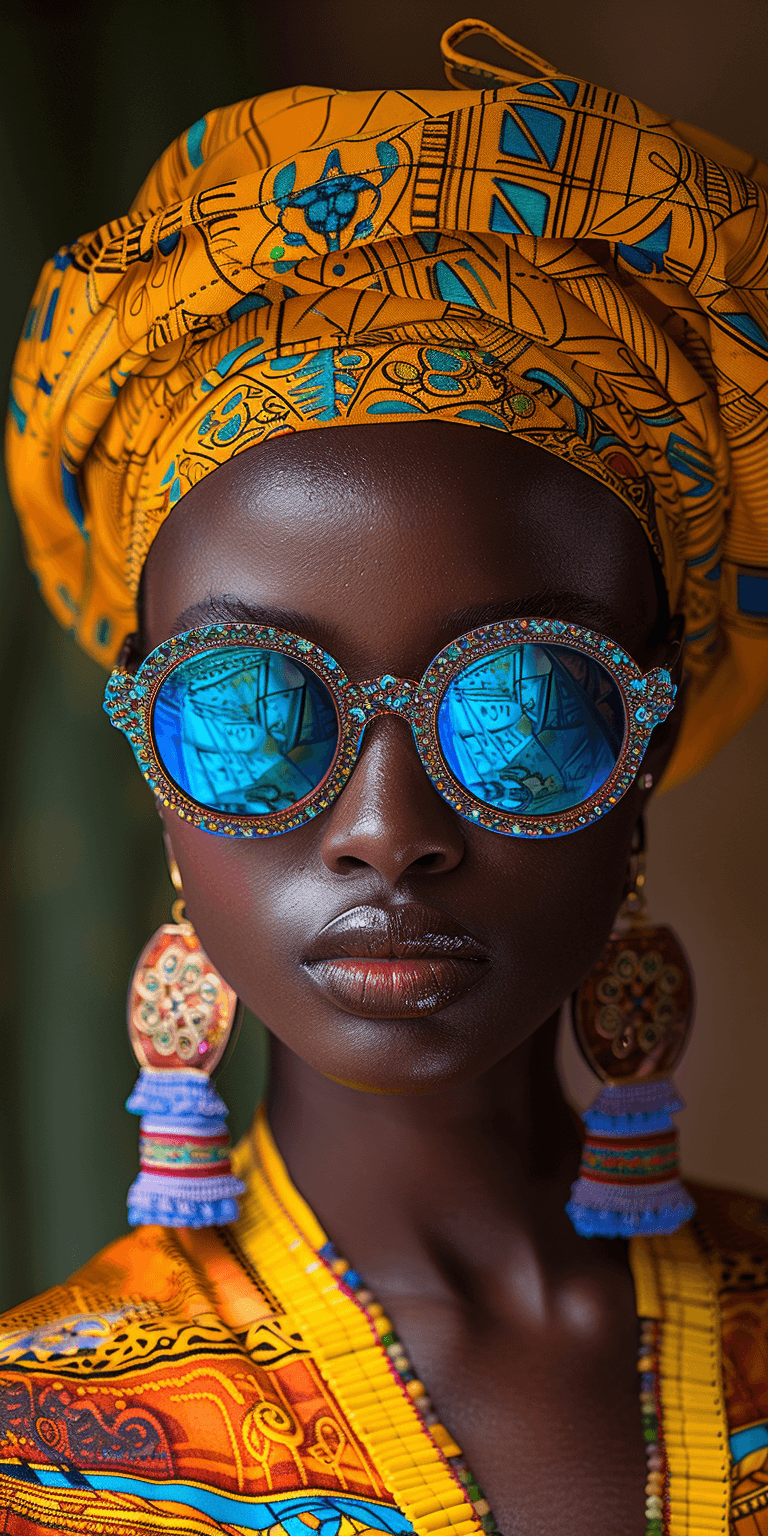 AI generated: Vogue photoshoot of an African woman wearing a vibrant multicolor intricate outfit with big earrings...