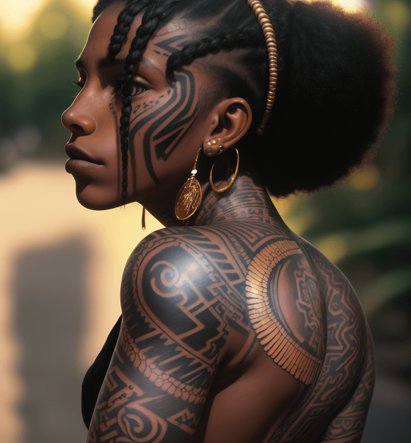 AI generated: hyper realistic photograph, portrait of a tattooed southamerican indigenous black woman, future punk...