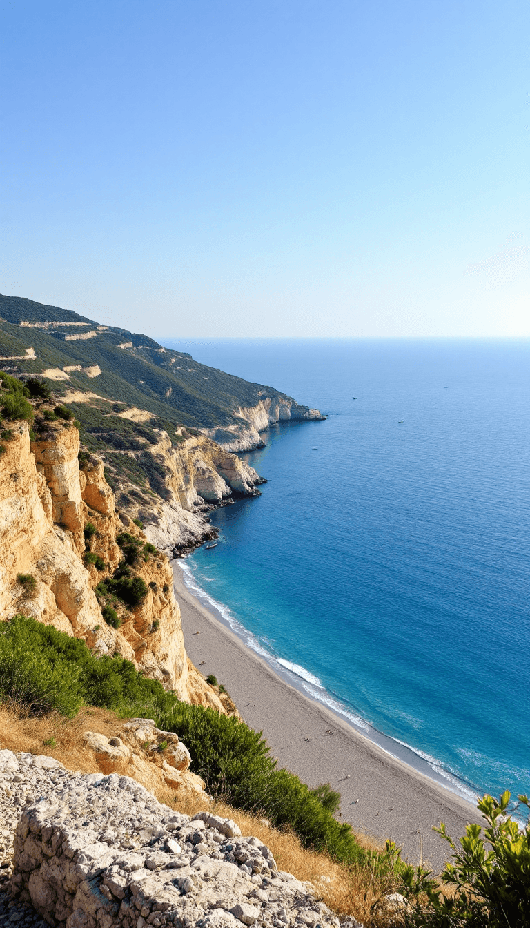 AI generated: A scenic view of the Crimean seaside: rolling hills with patches of green vegetation descending towa...