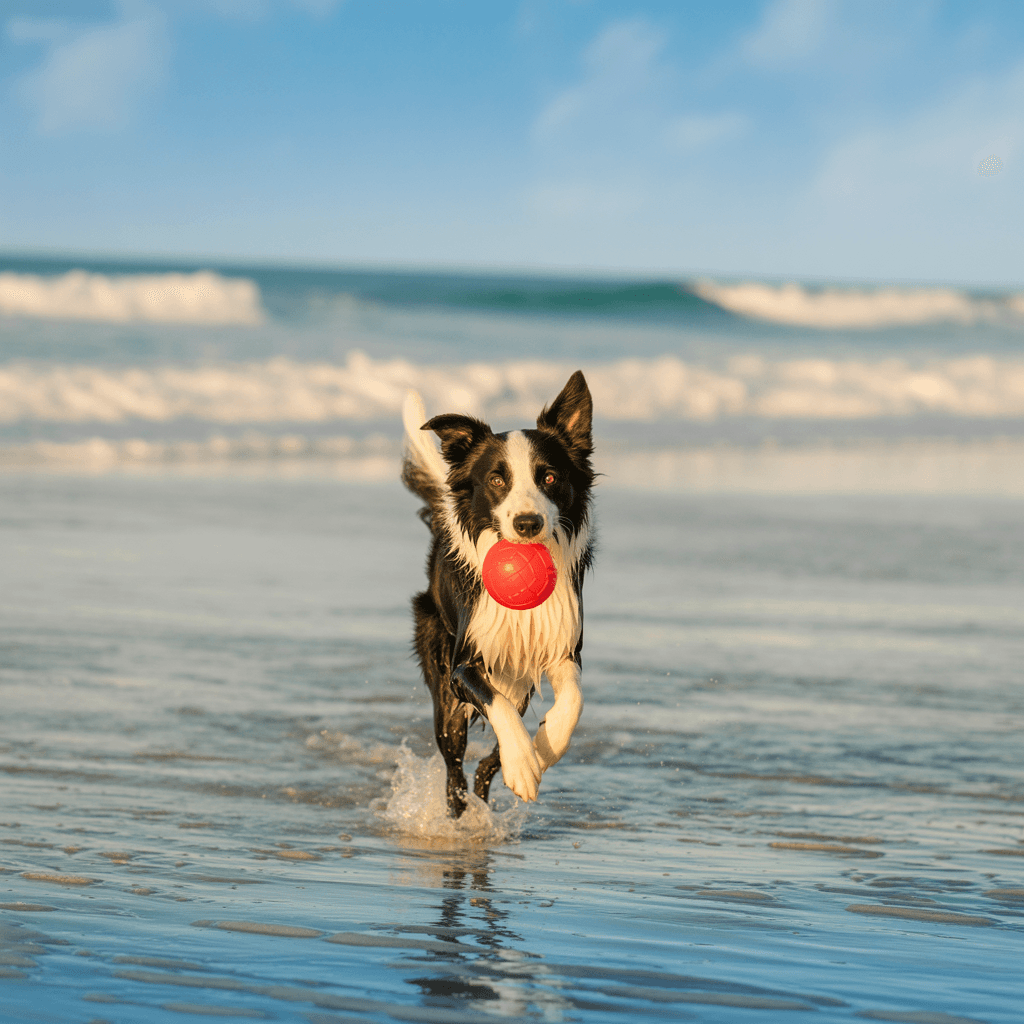 AI generated: modificar esa imagen, añadiendo mayor profundidad de playa y u perro border collie jugando