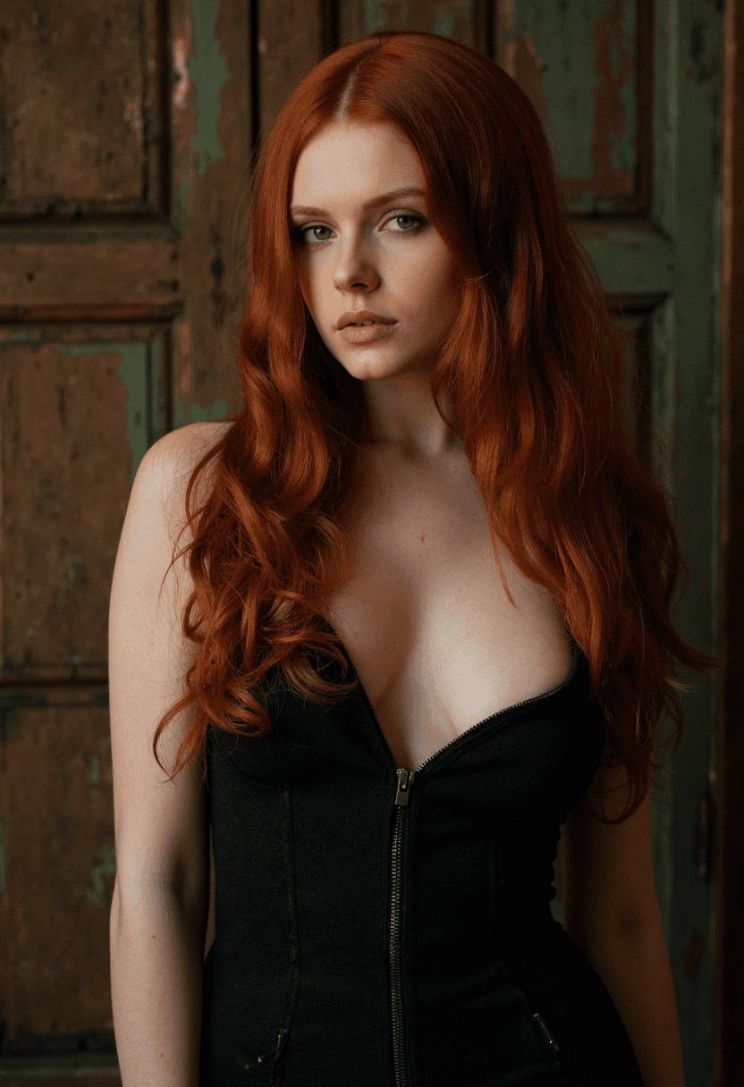 AI generated: A sultry woman stands in front of an old, worn wooden door, the front zipper of her black latext dre...