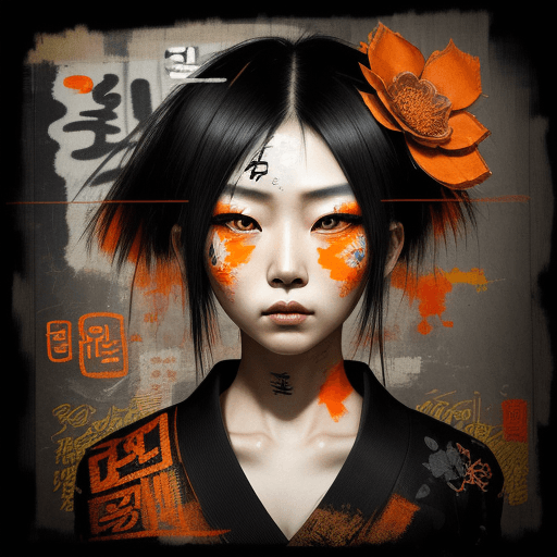 AI generated: korea culture, Asian woman, beautiful face, black and orange color tones, wabi-sabi art,  abstract ,...