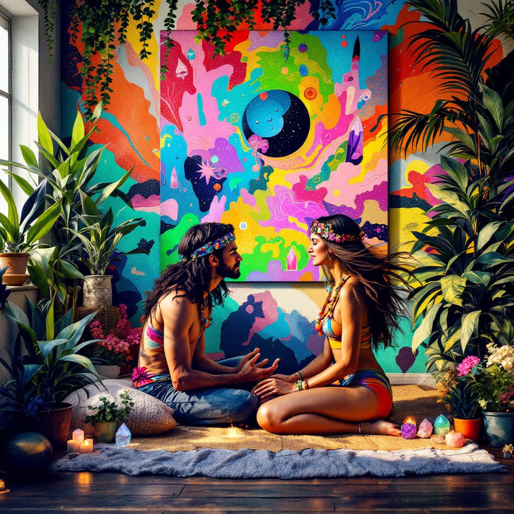 AI generated:  A painting by Andy Warhol, Zen, heavy vibes, souls intertwining.  room for meditation with crystals...