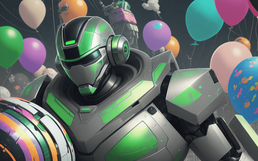 AI generated: a close up of a poster with a robot on top of a bunch of balloons, inspired by Mike Winkelmann, futu...