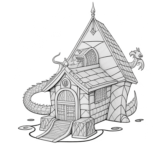AI generated: cartoon baby dragon house only the lines so i can paint it and fit the canvas with white background