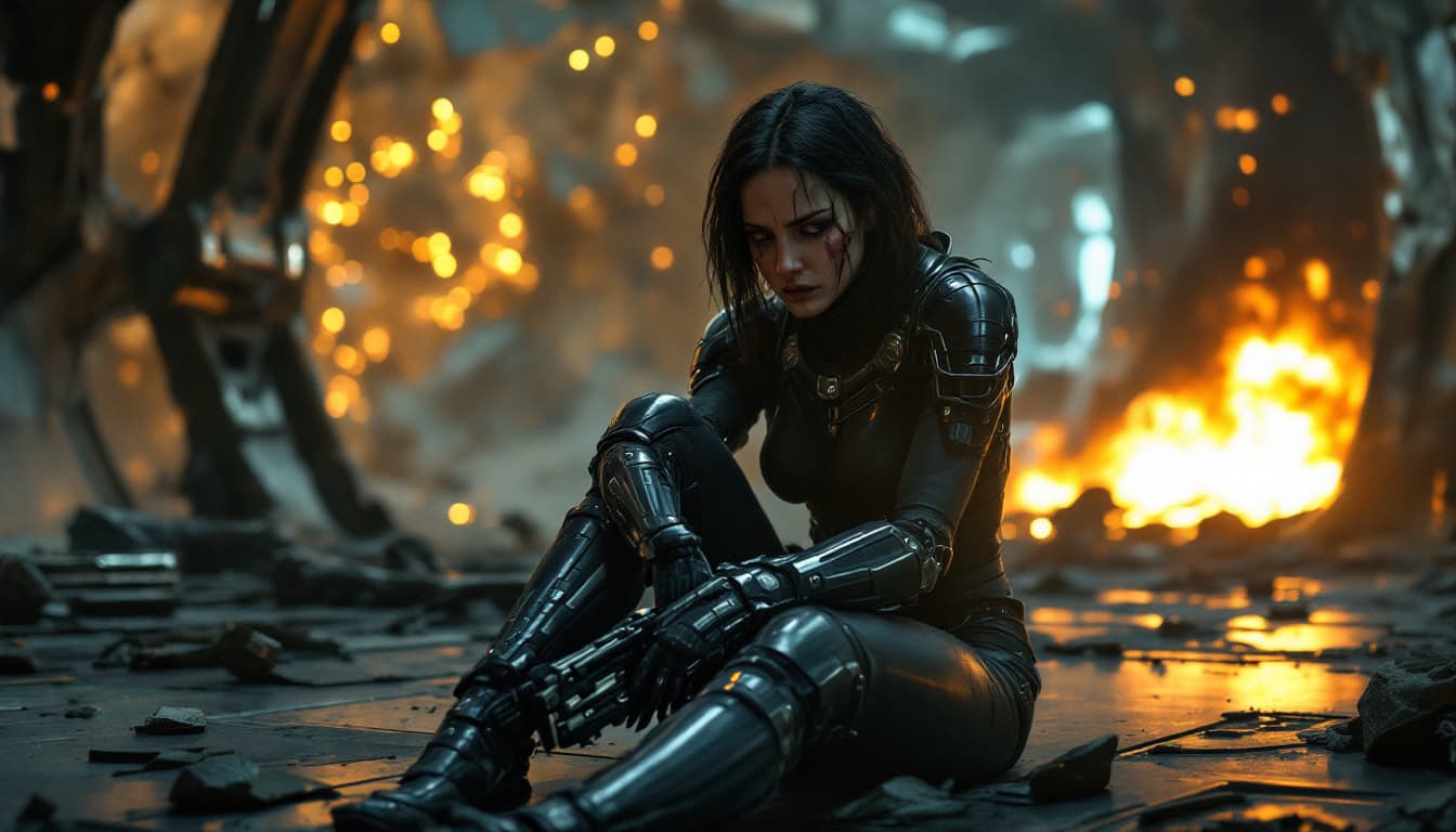AI generated: A woman, likely a cyborg, sits slumped on a dark, metallic floor in a futuristic, damaged, and dimly...