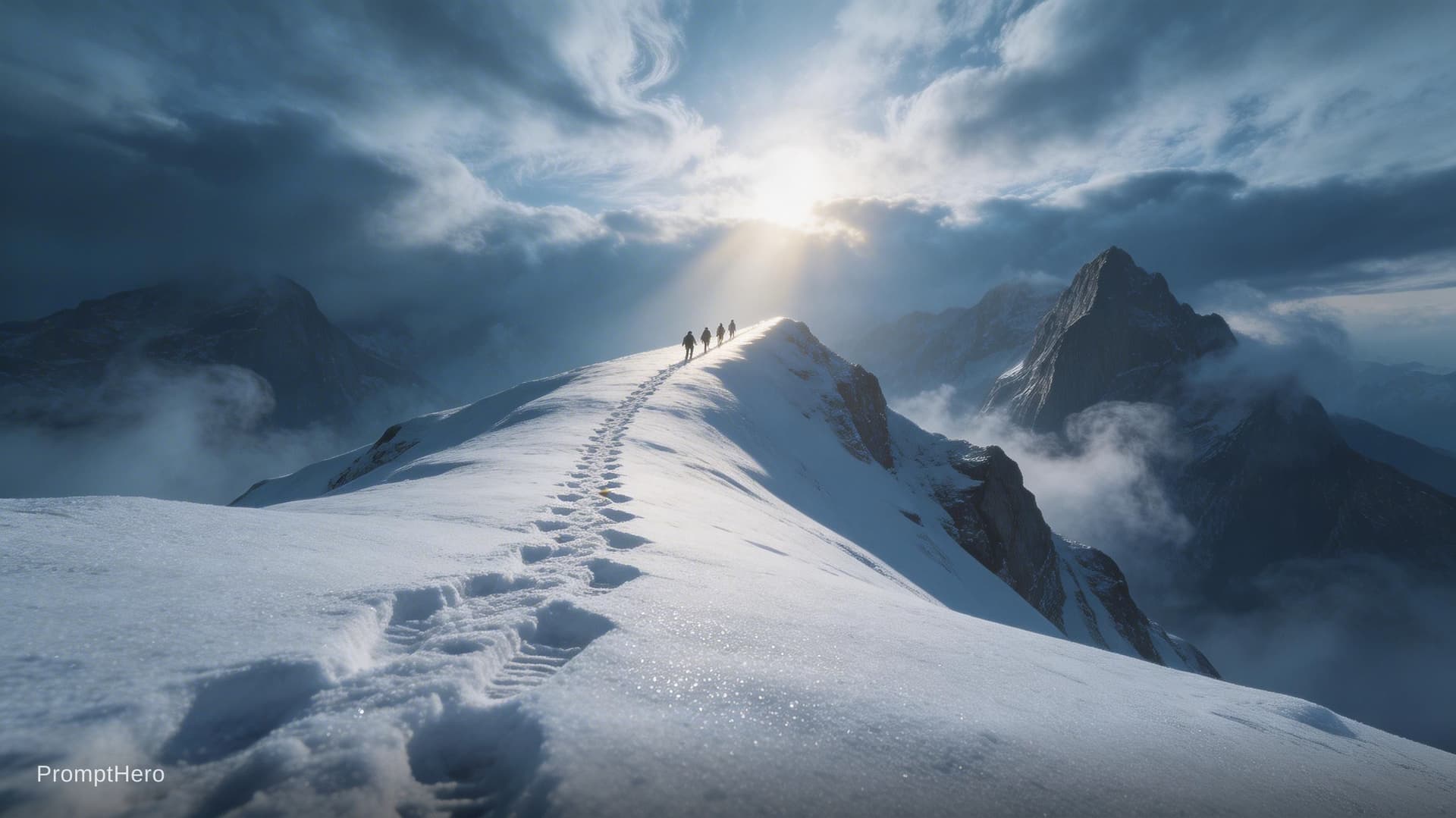 AI generated: AnoEar4 art style. Breathtaking cinematic wide-shot: a lone trail of climbers ascends a razor-thin, ...