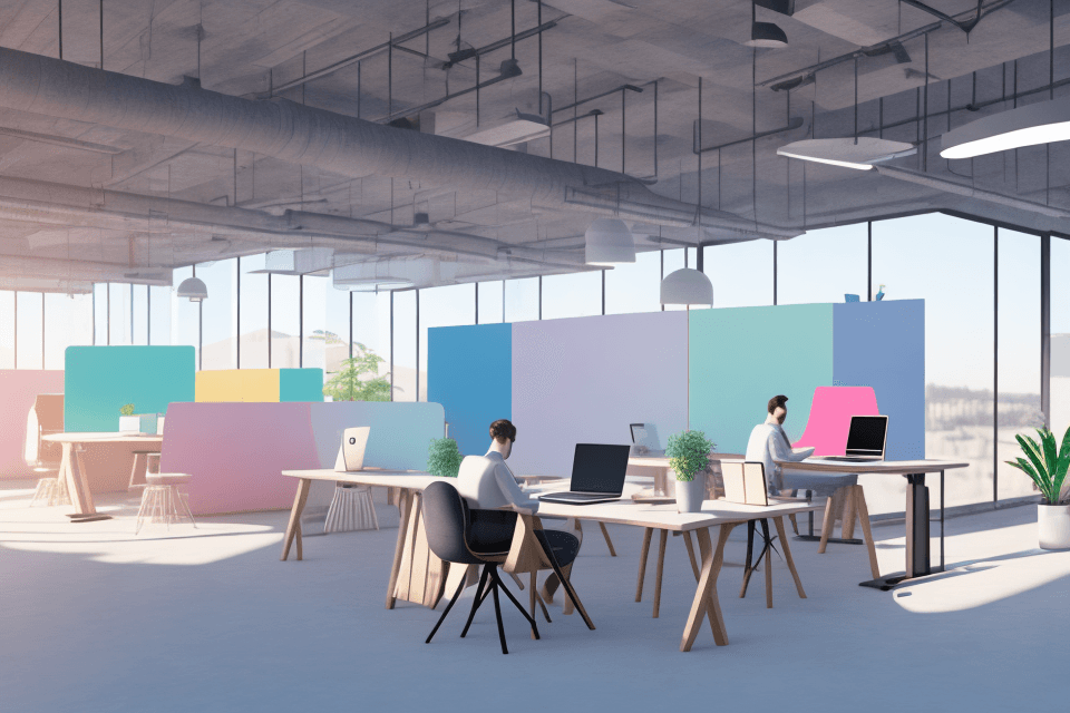 AI generated: photo of a ultra realistic co-working space , a digital nomad is seated on a dedicated desk and is w...