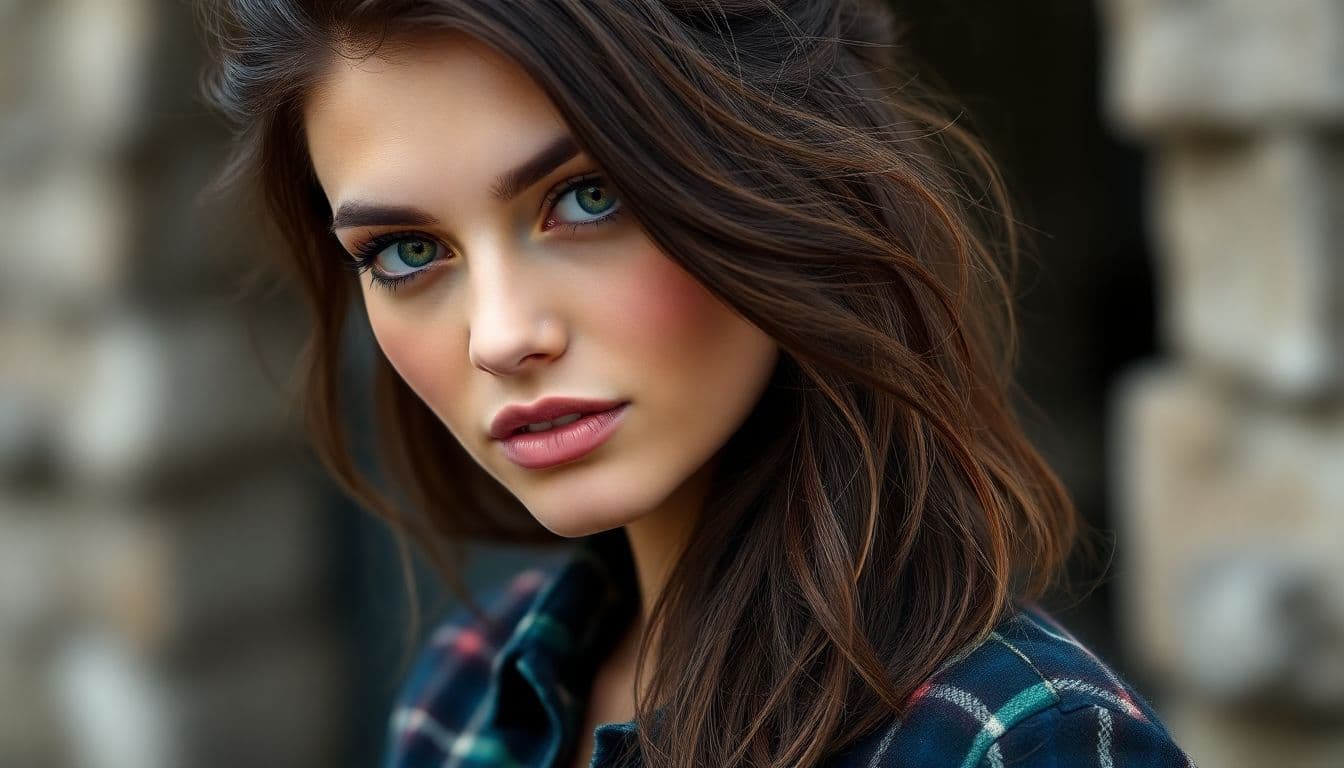 AI generated: A half Body Photo of a beautiful brunette Scottish girl, green eyes, messy beehive hair style, natur...