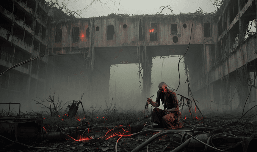 AI generated: cybernetic monk kneeling, glowing blue face, body (covered in rust, dirt and corroded metal, damaged...